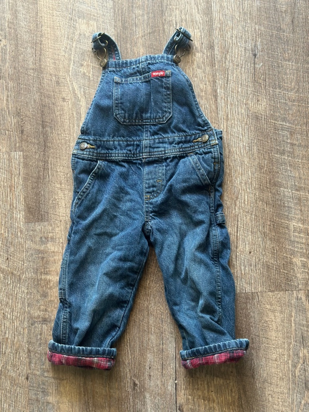 Wrangler Kids Denim Overalls with Fleece Plaid lined.